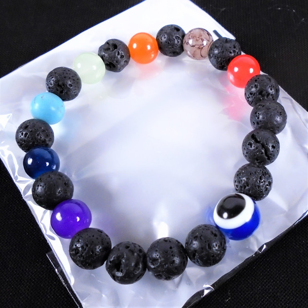 Black Lava Rock Bead & Chakra Mixed Color Bead Bracelets w/ Eye Bead  .60 eac