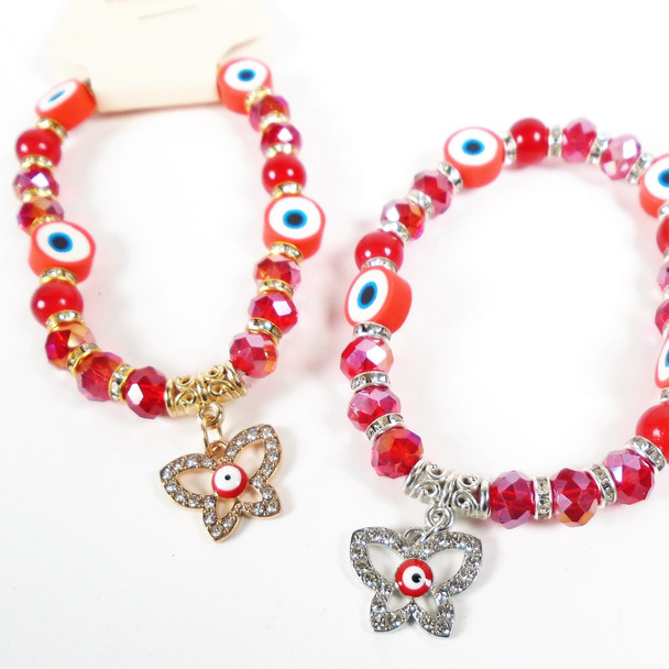 NEW All Red Crystal & Evil Eye Bead Bracelets w/ Butterfly Charm .60 ea