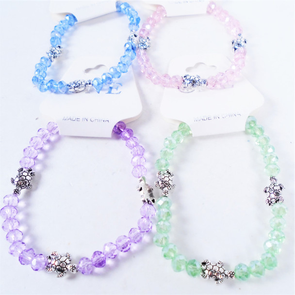  Shiney Crystal Bead Bracelets w/ Silver Turtles  Mx Lite Colors  .60 ea