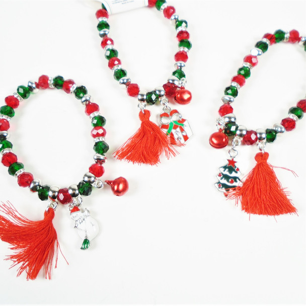 Crystal Beaded  Christmas Bracelets w/ Charm,Tassel & Bell   .60 ea