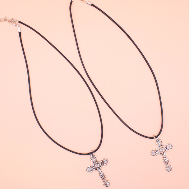 2 - Pack Black Cord Necklace w/ 2" Metal Silver Cross w/ Jesus 12 Pks of 2