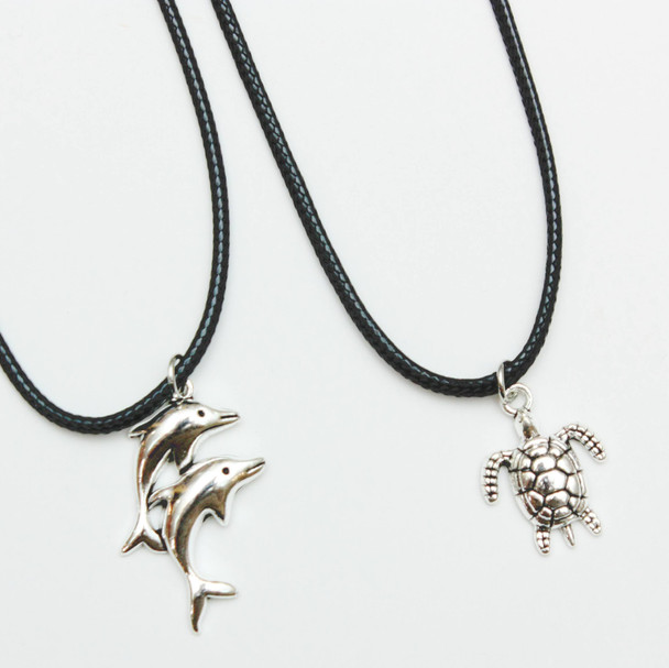 2 Pc Set Leather Cord Necklace w/ Silver Turtle & Dolphin Pend .62 each set