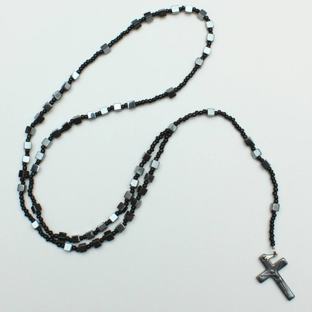 Long Hematite Rosary w/ Square Beads w/ Cross w/ Jesus . 62 ea