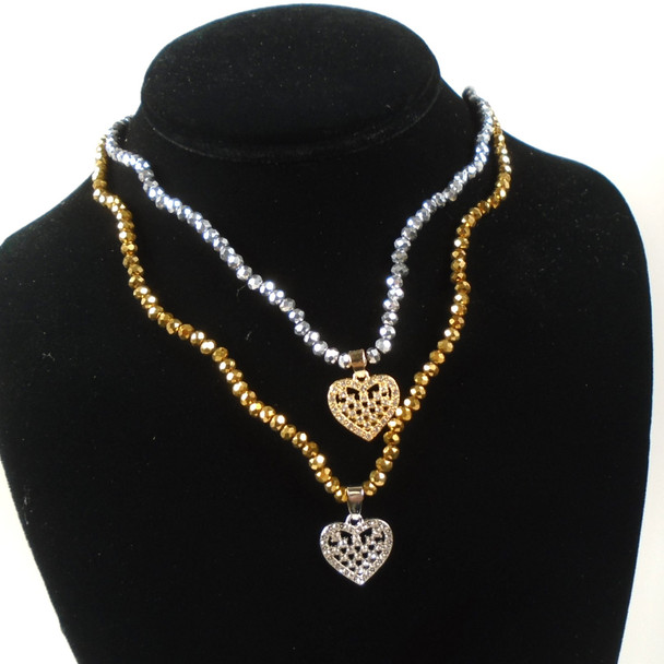 Asst Color Metallic Bead Necklace Set w/ Cry. Stone Heart  .60 per set 