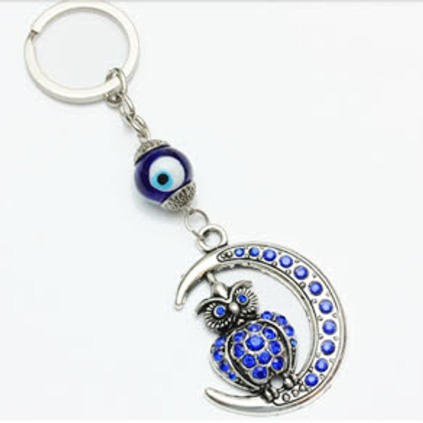 Cast Silver Owl & Moon Keychain w/ Blue Stone & Eye Bead .60 ea