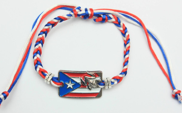 Puerto Rico Metal Flag w/Frog RWB Colors Macrame Bracelet .60 Each