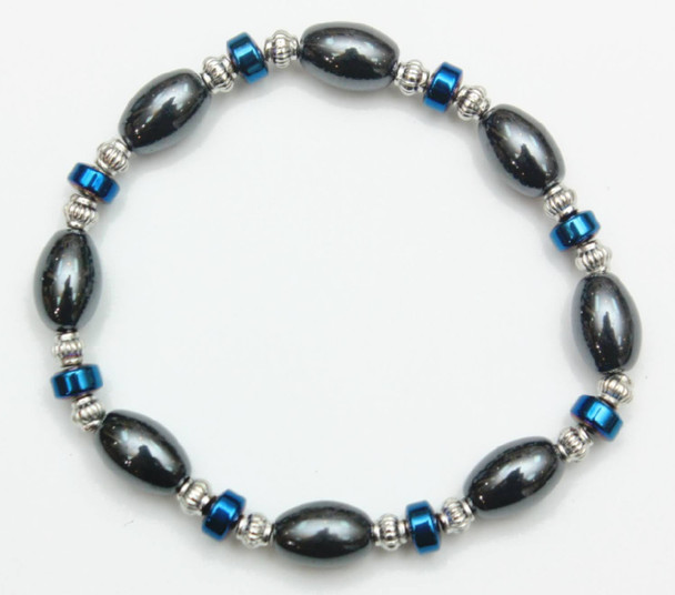 Hematite Oval Bead w/ Blue Discs Bracelet .60 Each