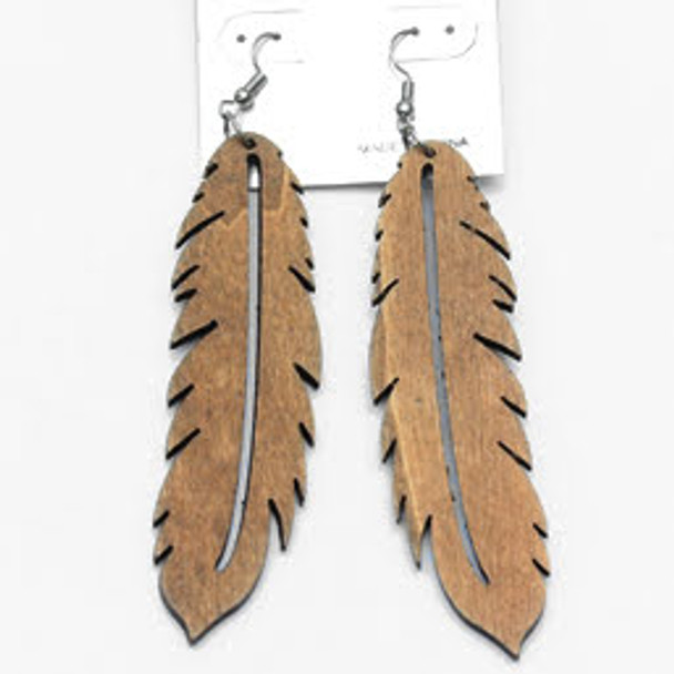 3.5" Feather Look Wood Earring Natural Colors .58 Each