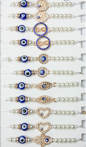 Evil Eye Mixed Shapes w/ Pearl Adj Cord Bracelet .60 Each