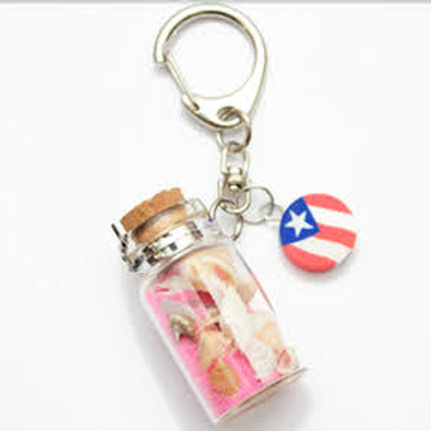 1.75" Puerto Rico Sea Side Theme Glass Bottle Keychain w/ Sand & Shells .60 ea