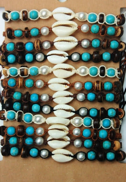 Shell Bead w/Turq & Coconut Beads Cord Bracelet .79 Each