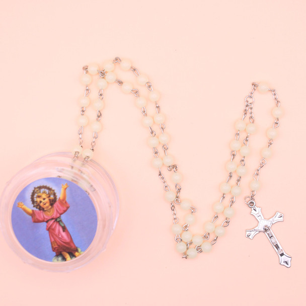 36" All White Pearl  Rosary w/ Silver Cross w/ Baby JESUS in Keepstake Box  .62 ea