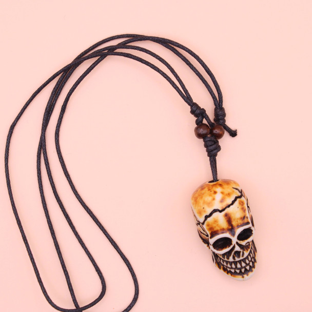 DBl Cord Wood Bead Necklace w/ Skull Pendant 2 Colors .68 ea