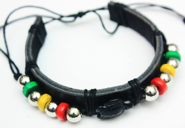 Teen Leather Bracelet w/ Silver, Rasta Beads & Black Stone Turtle .58 ea