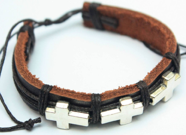 Teen Leather Bracelet w/ Three Metal Silver Crosses  .58 ea