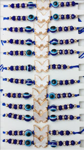 Ivory Butterfly w/ Blue Evil Eye Beads Cord Bracelet .60 Each