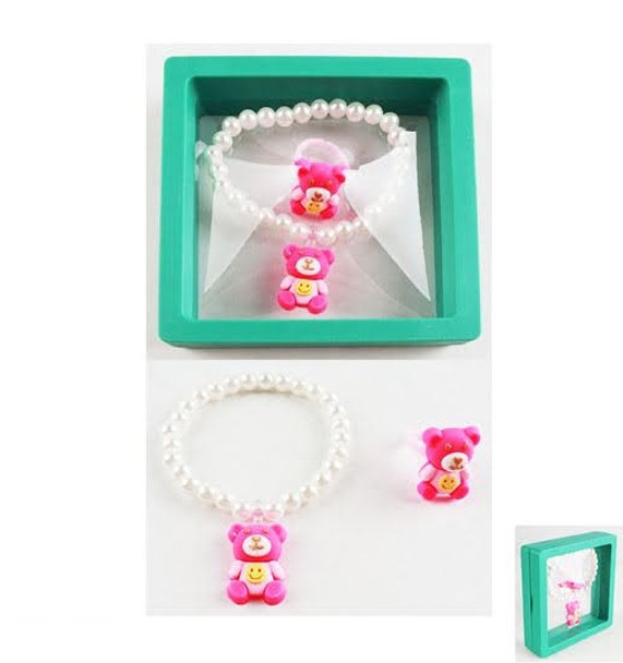 Kids 3 Pc Boxed Set Bear Charm Bracelet & Rings .60 per set