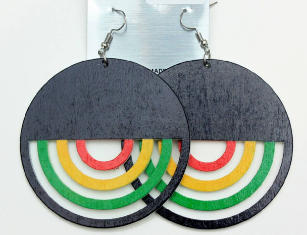 Round Wood Earring w/ Half Circle Cut Outs Rasta Colors .58 Each