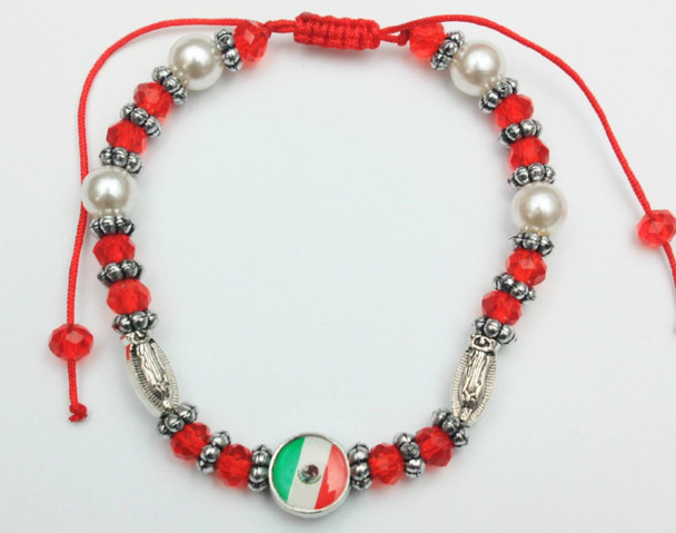 Mexico Flag Pendant w/ Red Crystal & Pearl Beads Bracelet .60 Each