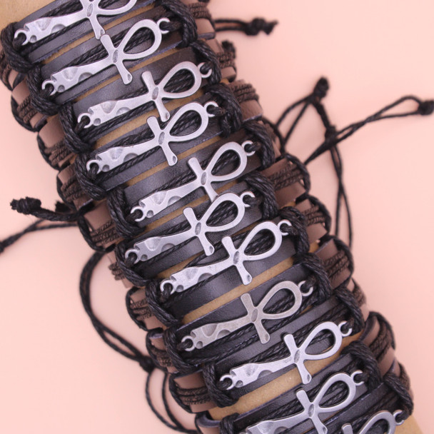Metal Ankh Cross Pendant Leather Bracelet .58 Each