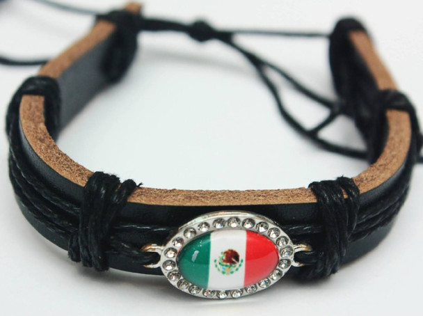 Mexico Flag Pendant w/ Stones Leather Bracelet .58 Each