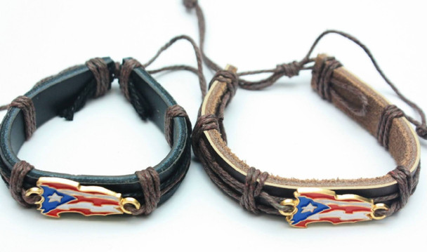 Wavy Puerto Flag Pendant Leather Bracelet .58 Each