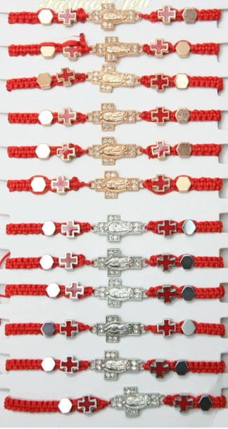 Guadalupe Metal Pendant w/ Crosses Red Macrame Bracelet .60 Each