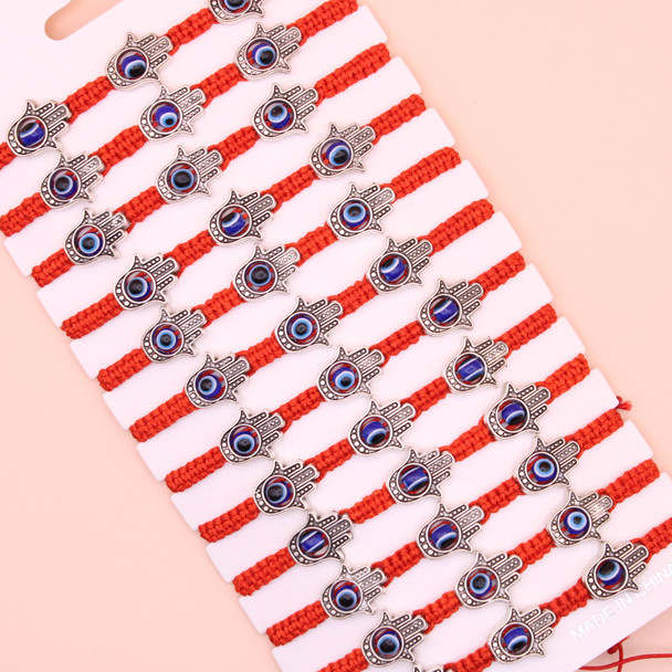 Red Macrame Bracelet w/ Triple Silver Hamsa & Eye Beads .64 each