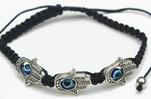Black Macrame Bracelet w/ Triple Silver Hamsa & Eye Beads .60 each