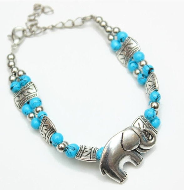 Elephant Pendant Metal Chain w/ Turq Bead Adj Bracelet .60 Each