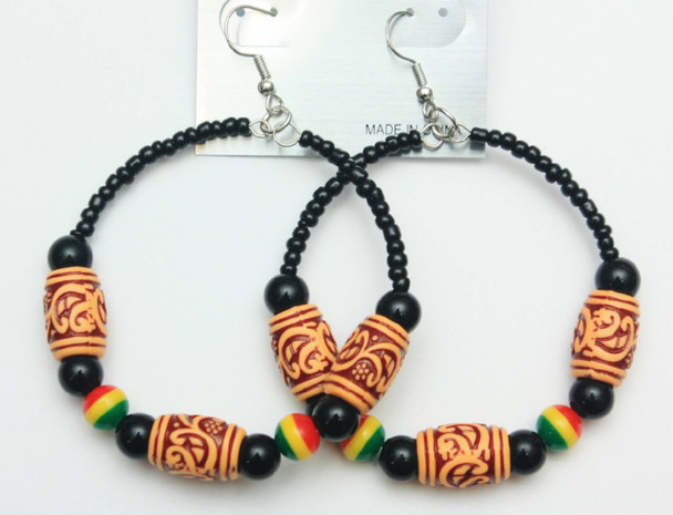 Black Bead Hoop Earring w/ Rasta & Tribal Beads .58 Each