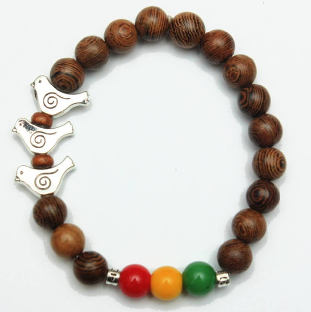 Three Birds Pendant w/ Wood & Rasta Color Beads Bracelet .60 Each