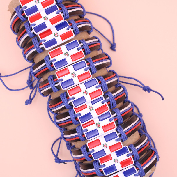 Dominican Flag Pendant Leather Bracelet .58 Each