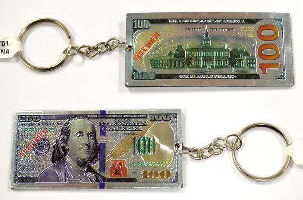 2.5" DBL Sided Metal $ 100 Bill  Keychains 12 per pk .60 each 