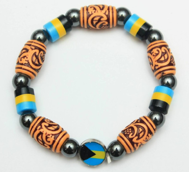 Bahamas Flag Colors Bead w/ Etched Bead & Hematite Bracelet .60 Each