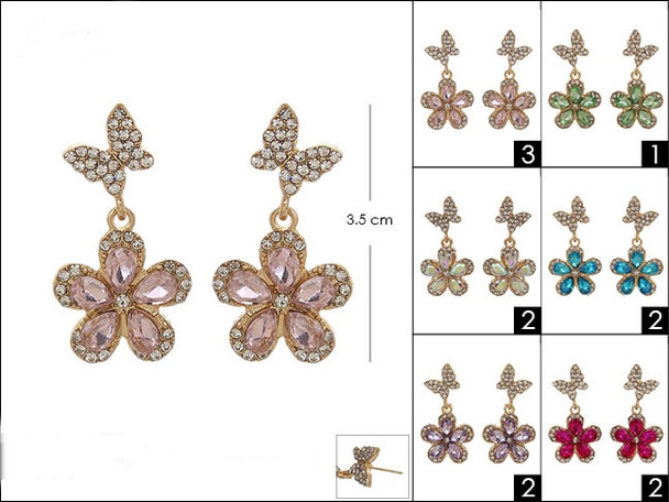 Butterfly Rhinestone & Dangling Flower Stone Earring .60 Each