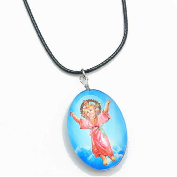 18" Leather Cord Necklace w/ Dbl Sided Glass Baby Jesus Pendant .60 ea