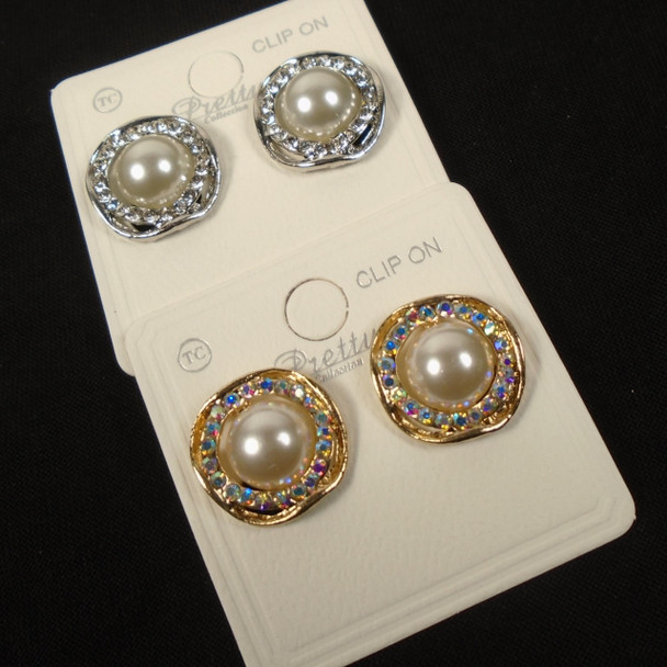 Elegant Gold Crystal Stone Fashion Earring w/ Pearl CLIP ON .60 per pair