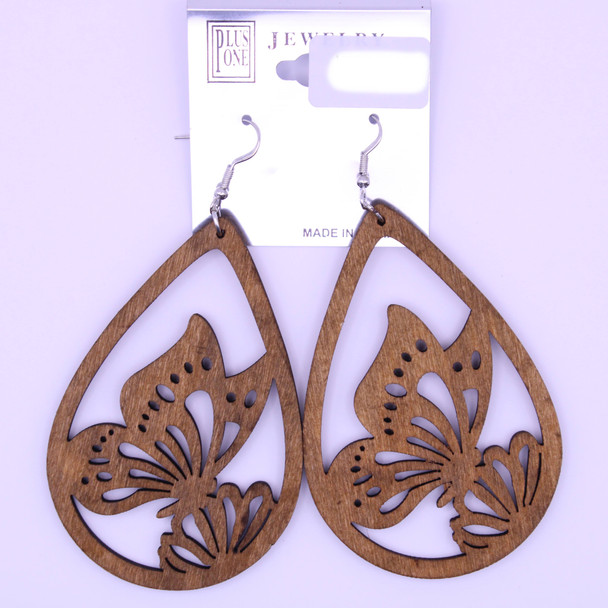 2.5" Carved Butterfly &  Flower Wood Earring Natural Colors .60 Each