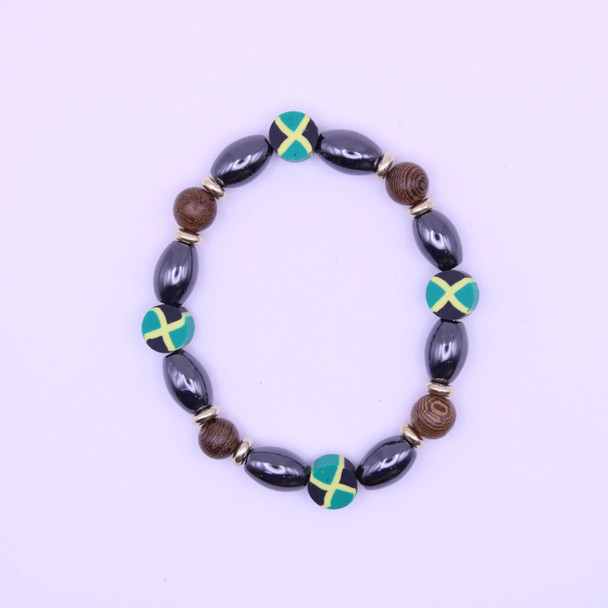 Jamaica Flag Fimo Bracelet w/ Hematite & Wood Beads .60 Each