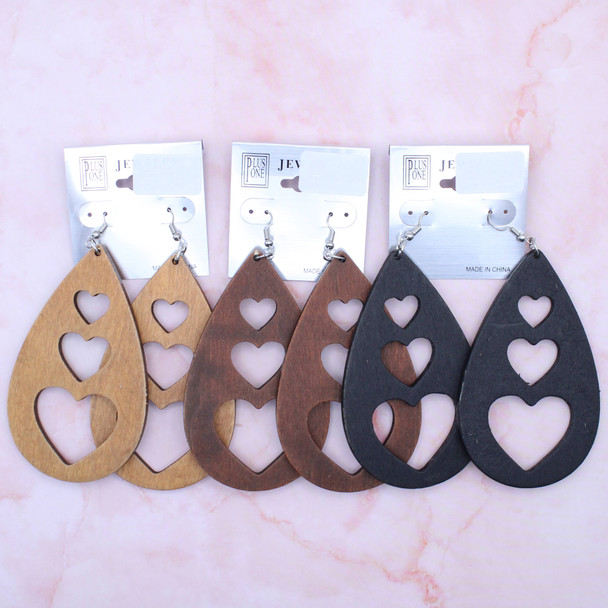 3.5" Waterdrop w/ Heart Cut-outs Wood Earring Natural Colors .62 each pair