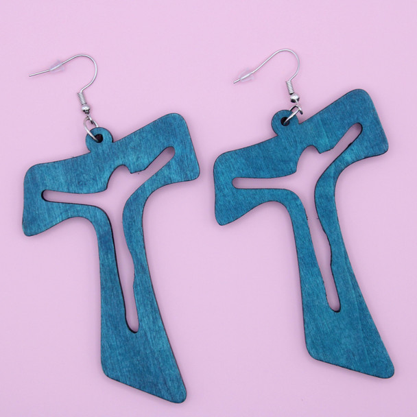 3.25" Jesus On The Cross Cut-out Wood Earring Bright Colors .62 each pair