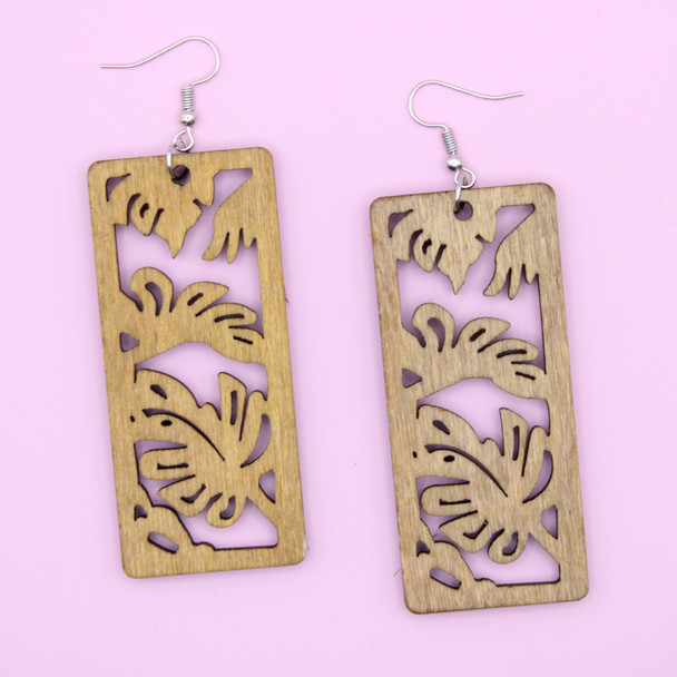 2.75" Hawaiian Flower Leaf Wood Earring Natural Colors .62 each pair