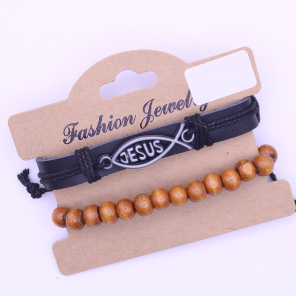 Value Pack 2 Pk Jesus Fish Leather Bracelet & Wood Beaded Bracelet .70 each set