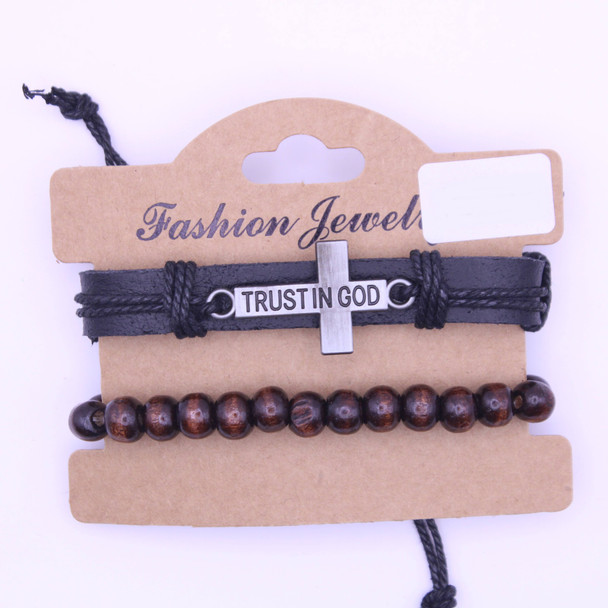Value Pack 2 Pk Trust In God Leather Bracelet & Wood Beaded Bracelet .70 each set