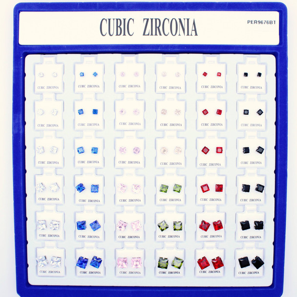 SPECIAL Mixed Size Asst Colors Cubic Zirconia Square Shaped Earrings 36 per box .40 ea pair