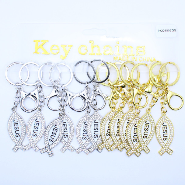 2.5" Gold & Silver Crystal Stone Fish Shaped JESUS Keychains .64 each