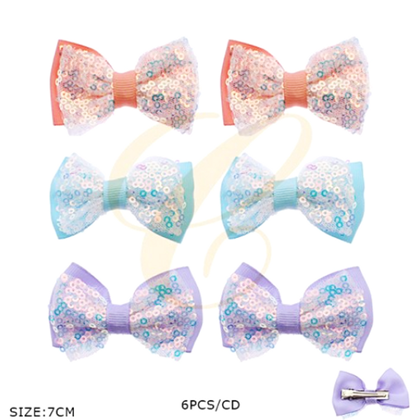 2.5" 6 Pc Pk 2 Layer Sequin Gator Clip Bows Lite Colors .68 per pk