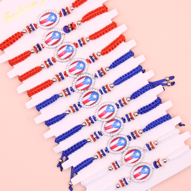Puerto Rico Flag w/ Country Color Chip Beads Macrame Bracelet .68 each