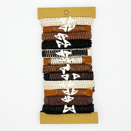  Leather Adjustable Crochet Bracelet w/ Double Real Shark Tooth 12 Pc per card (022) .81 ea
